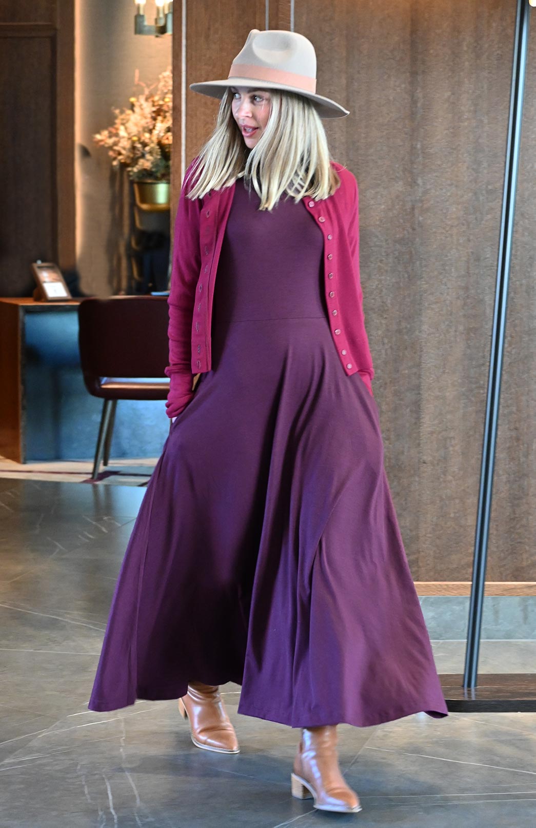 Magenta Women's Merino Wool Long Sleeve Round Neck Waist Cardigan