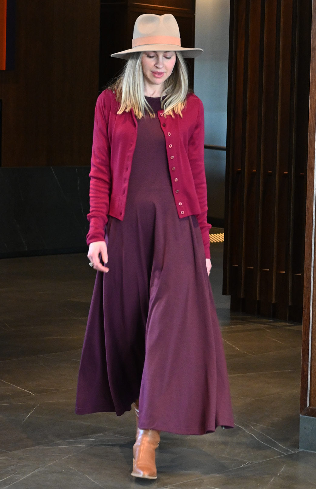 Magenta Women's Merino Wool Long Sleeve Round Neck Waist Cardigan