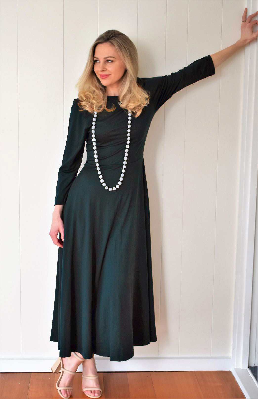 Deep Sea Green Women's Merino Wool 7/8 Sleeve Dress