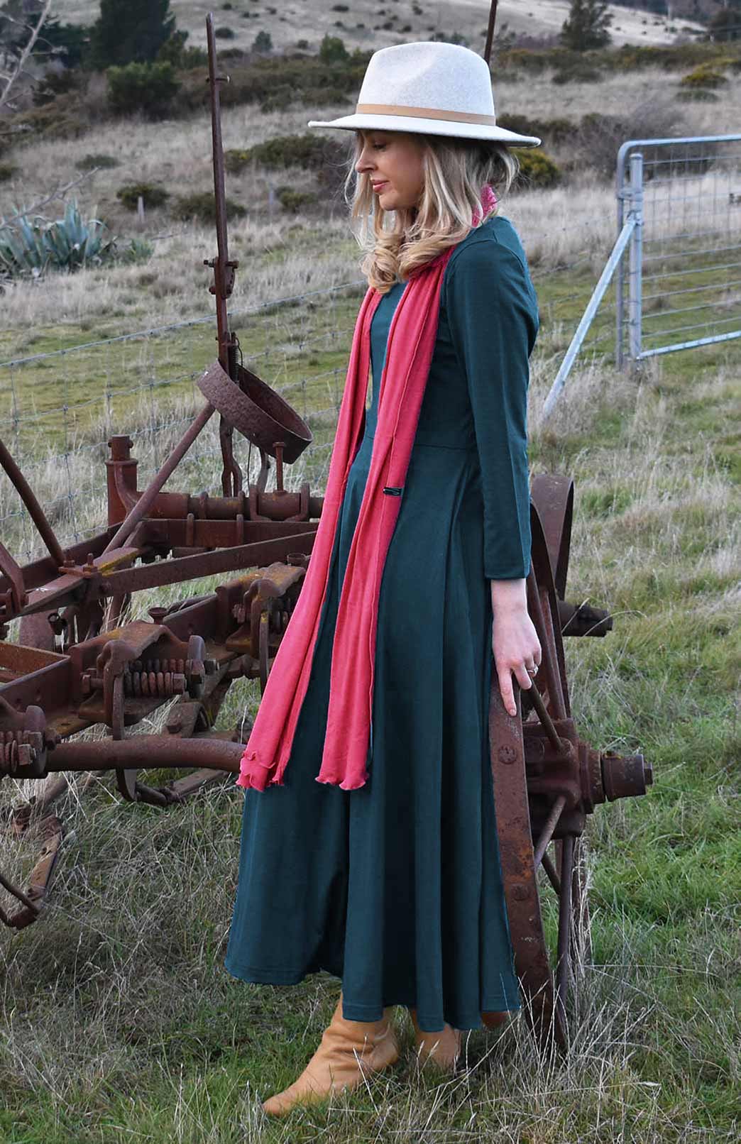 Deep Sea Green Women's Merino Wool 7/8 Sleeve Dress