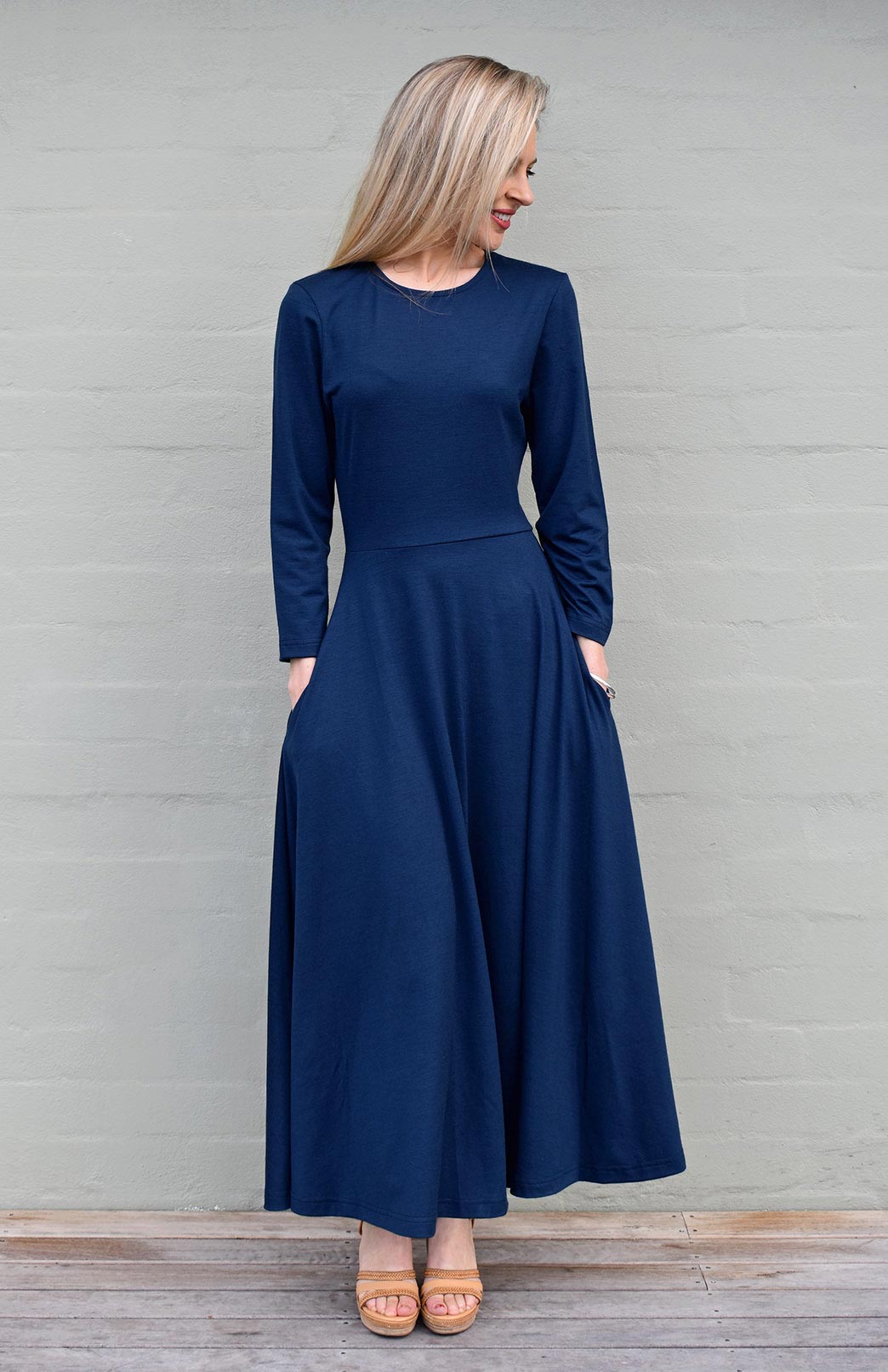 French Navy Blue Women&#39;s Merino Wool 7/8 Sleeve Dress
