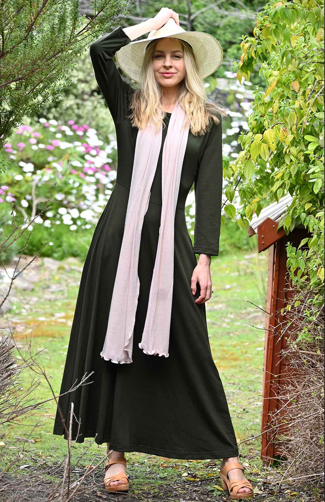 Kale Green Women's Merino Wool 7/8 Sleeve Dress