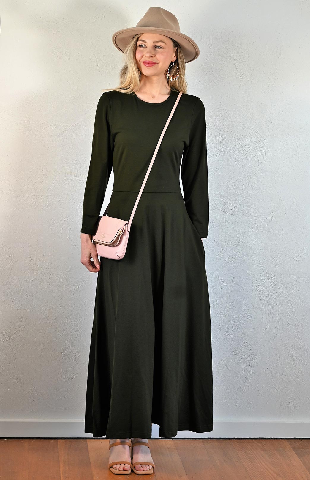 Kale Green Women's Merino Wool 7/8 Sleeve Dress