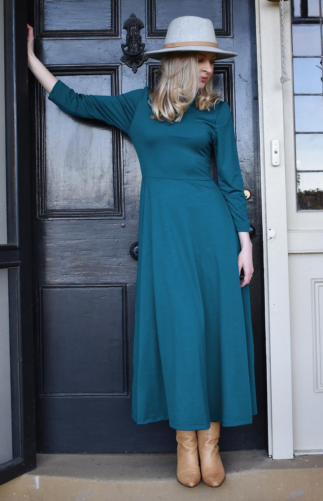 Storm Teal Women's Merino Wool 7/8 Sleeve Dress