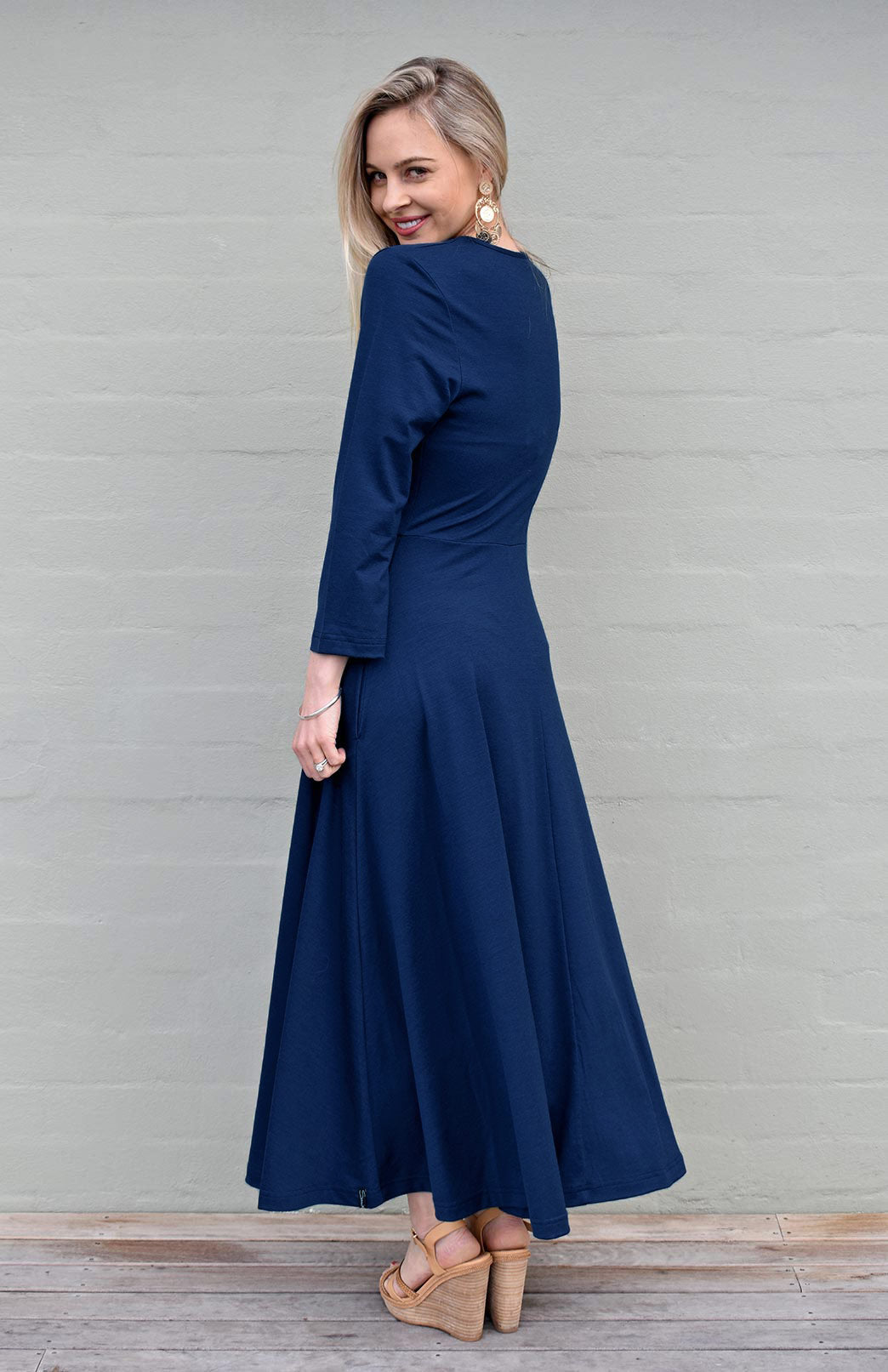 French Navy Blue Women's Merino Wool 7/8 Sleeve Dress