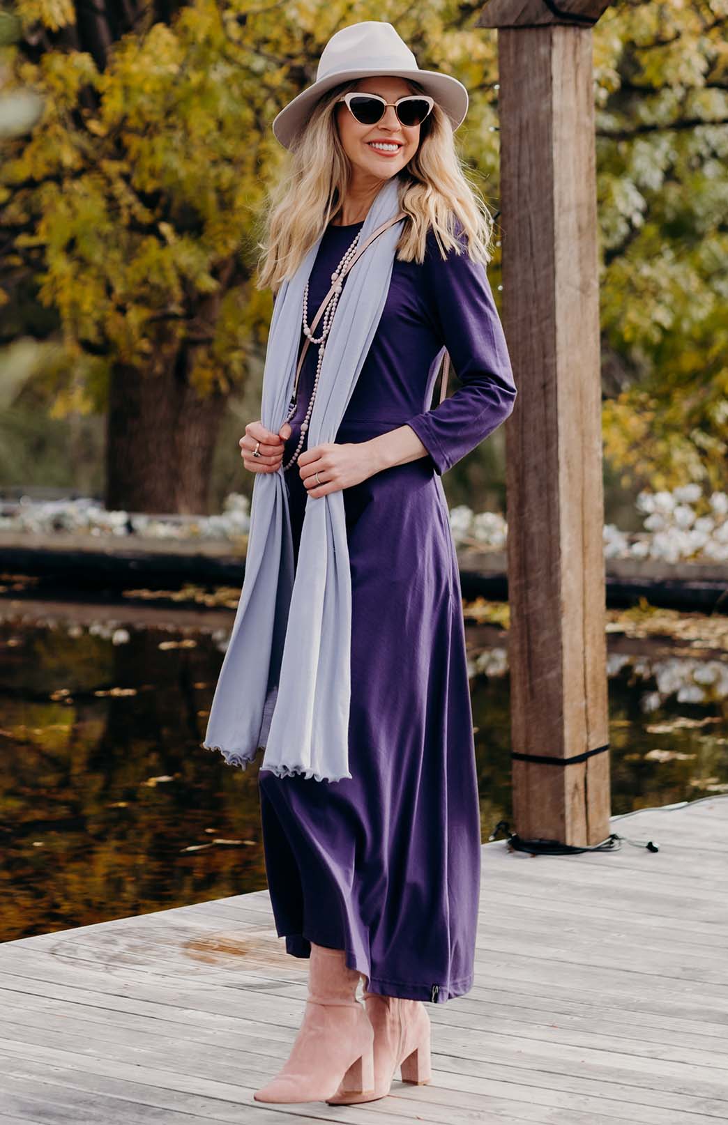 Grape Purple Women's Merino Wool 7/8 Sleeve Dress