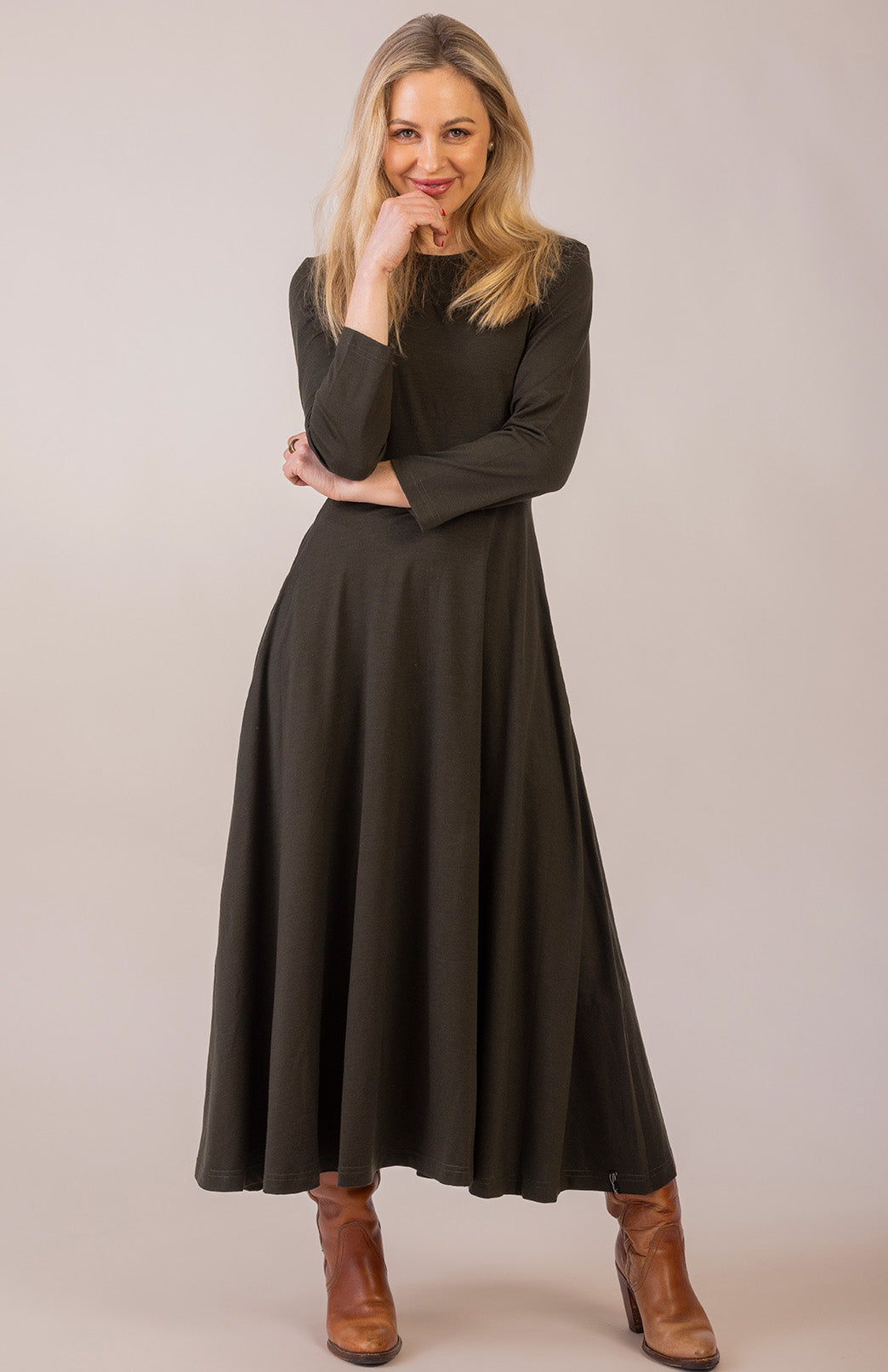 Kale Green Women's Merino Wool 7/8 Sleeve Dress