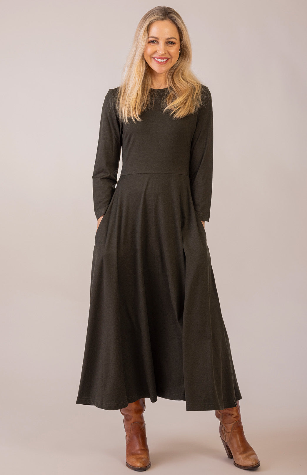 Kale Green Women's Merino Wool 7/8 Sleeve Dress