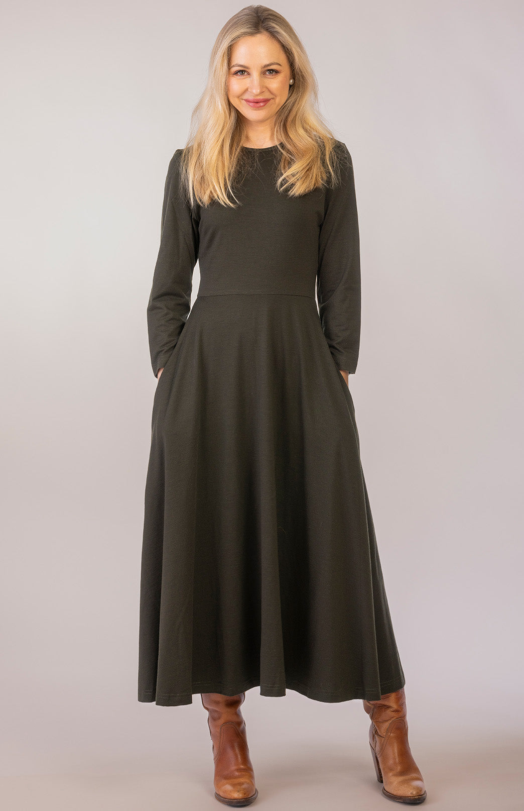 Kale Green Women's Merino Wool 7/8 Sleeve Dress