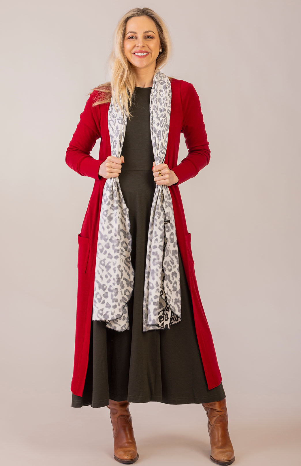 Chilli Red Women's Slimline Long Cardigan with side pockets