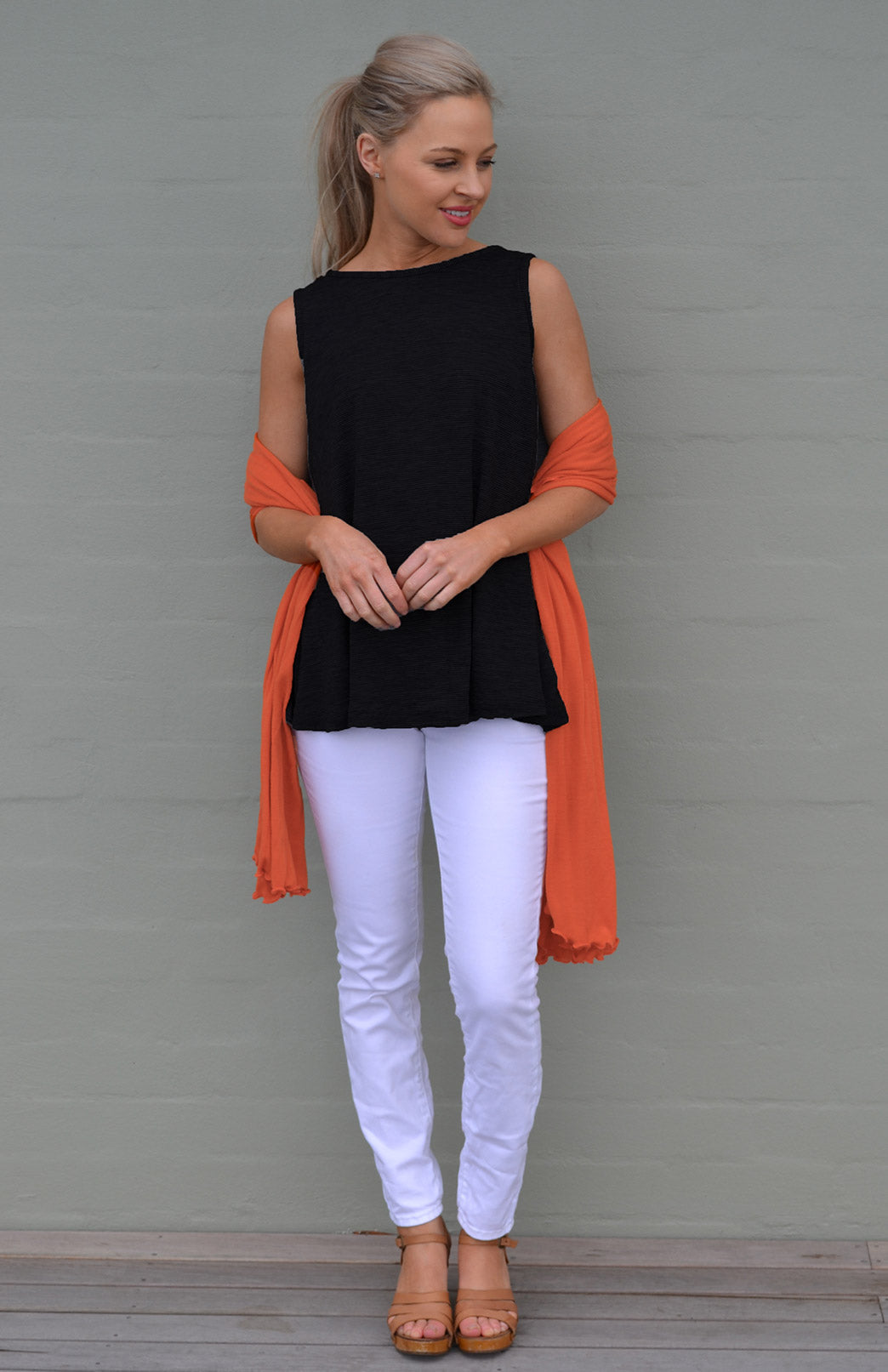Black Women&#39;s Merino Wool Sleeveless Flutter Top
