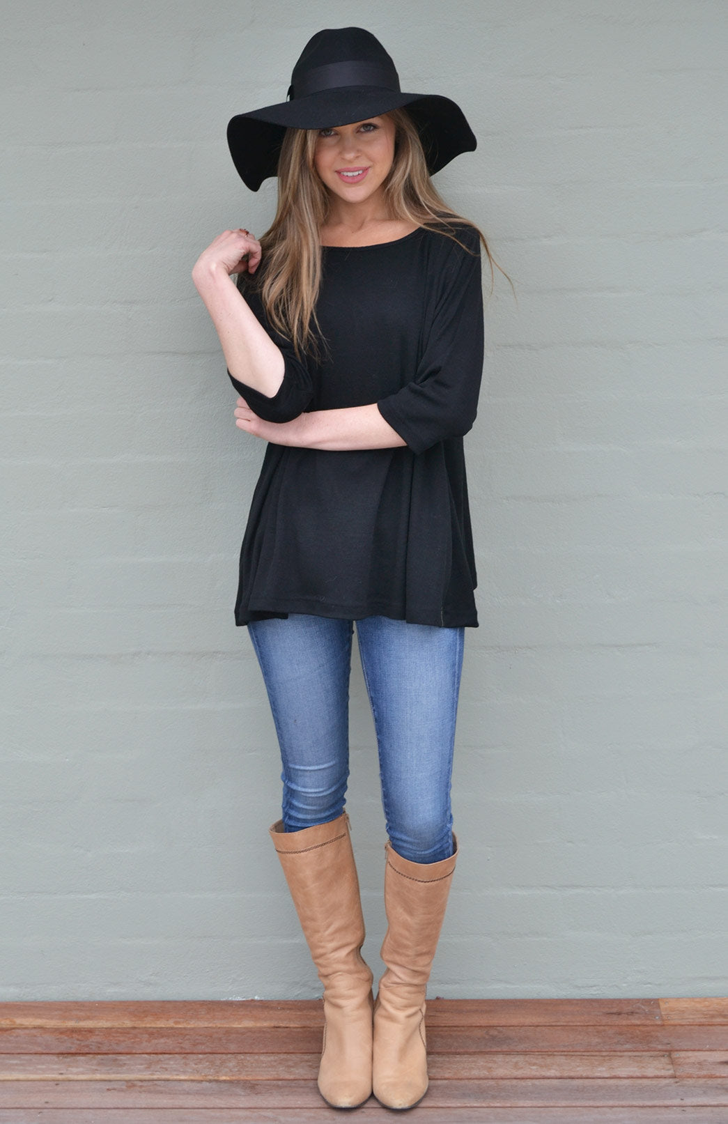 Black Women's Merino Wool Flutter Top with 3/4 Sleeves