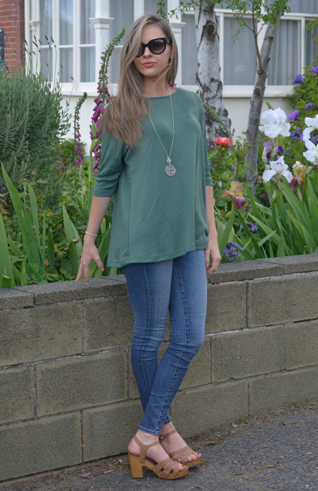 Sage Green Women's Merino Wool Flutter Top with 3/4 Sleeves