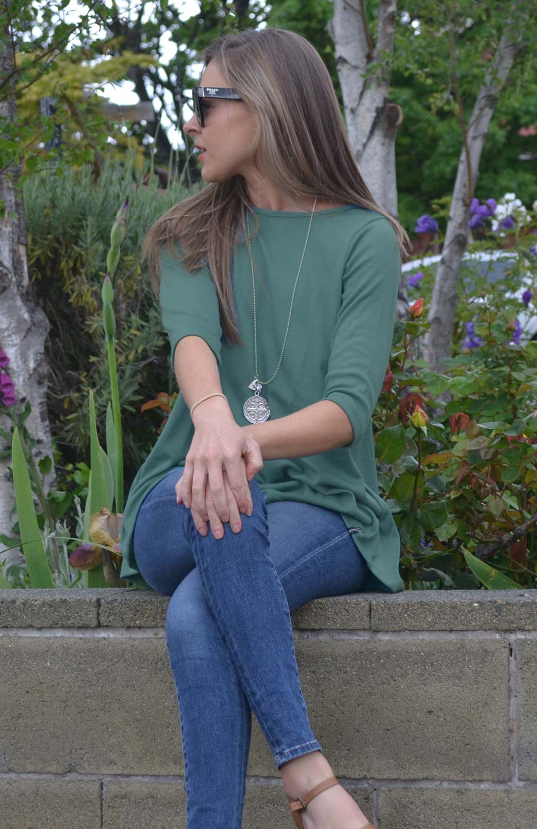 Sage Green Women's Merino Wool Flutter Top with 3/4 Sleeves