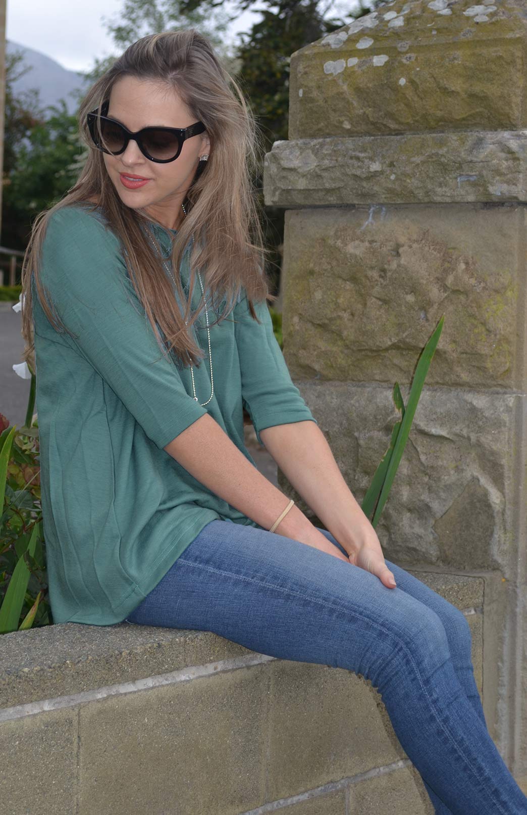 Sage Green Women's Merino Wool Flutter Top with 3/4 Sleeves