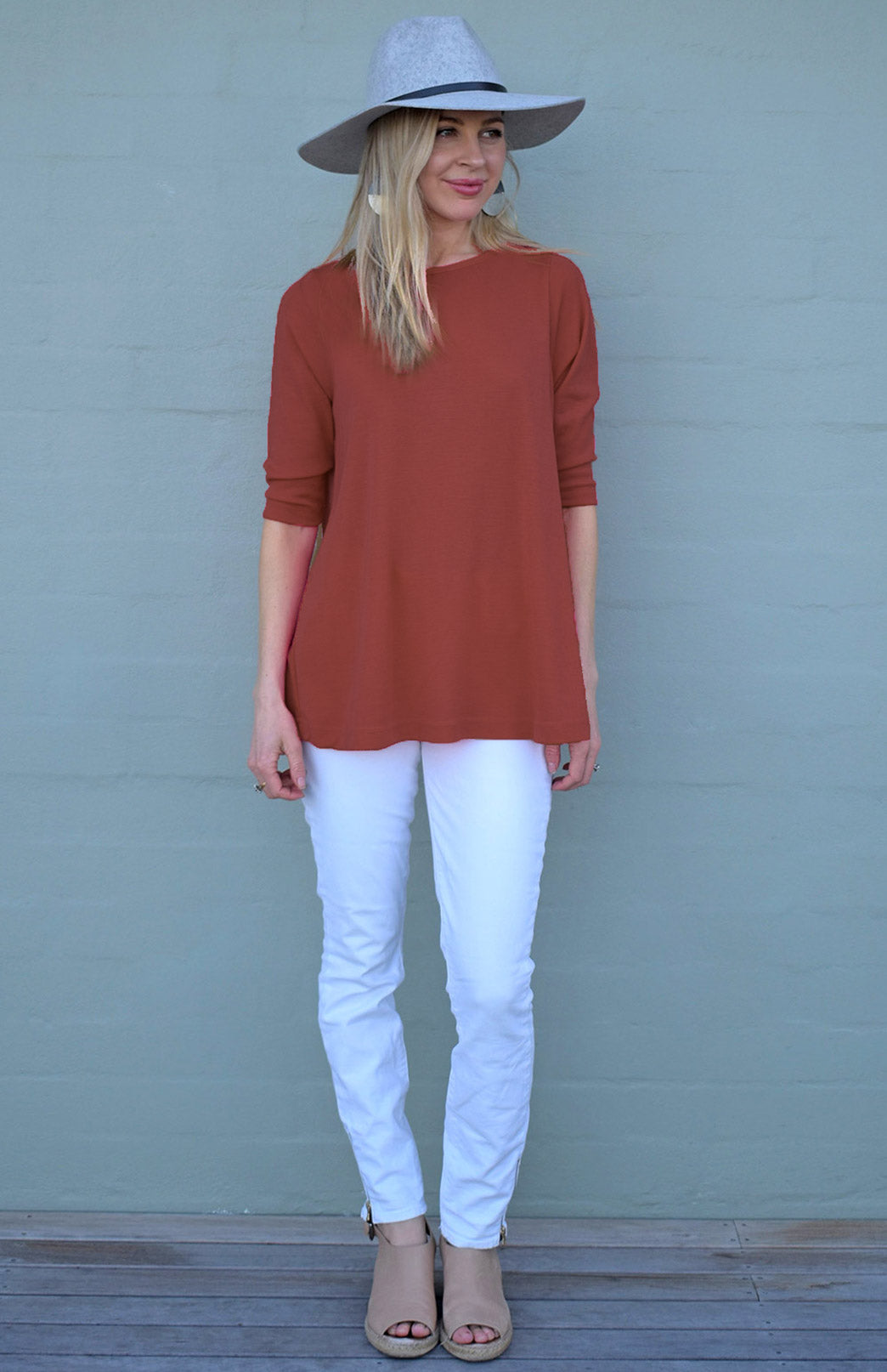 Shiraz Red Women&#39;s Merino Wool Flutter Top with 3/4 Sleeves
