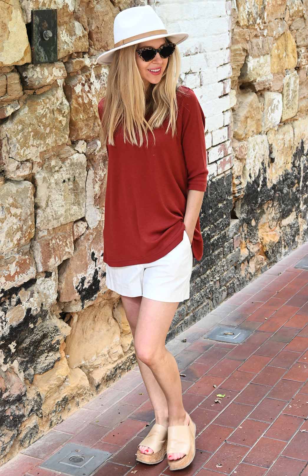Shiraz Red Women's Merino Wool Flutter Top with 3/4 Sleeves