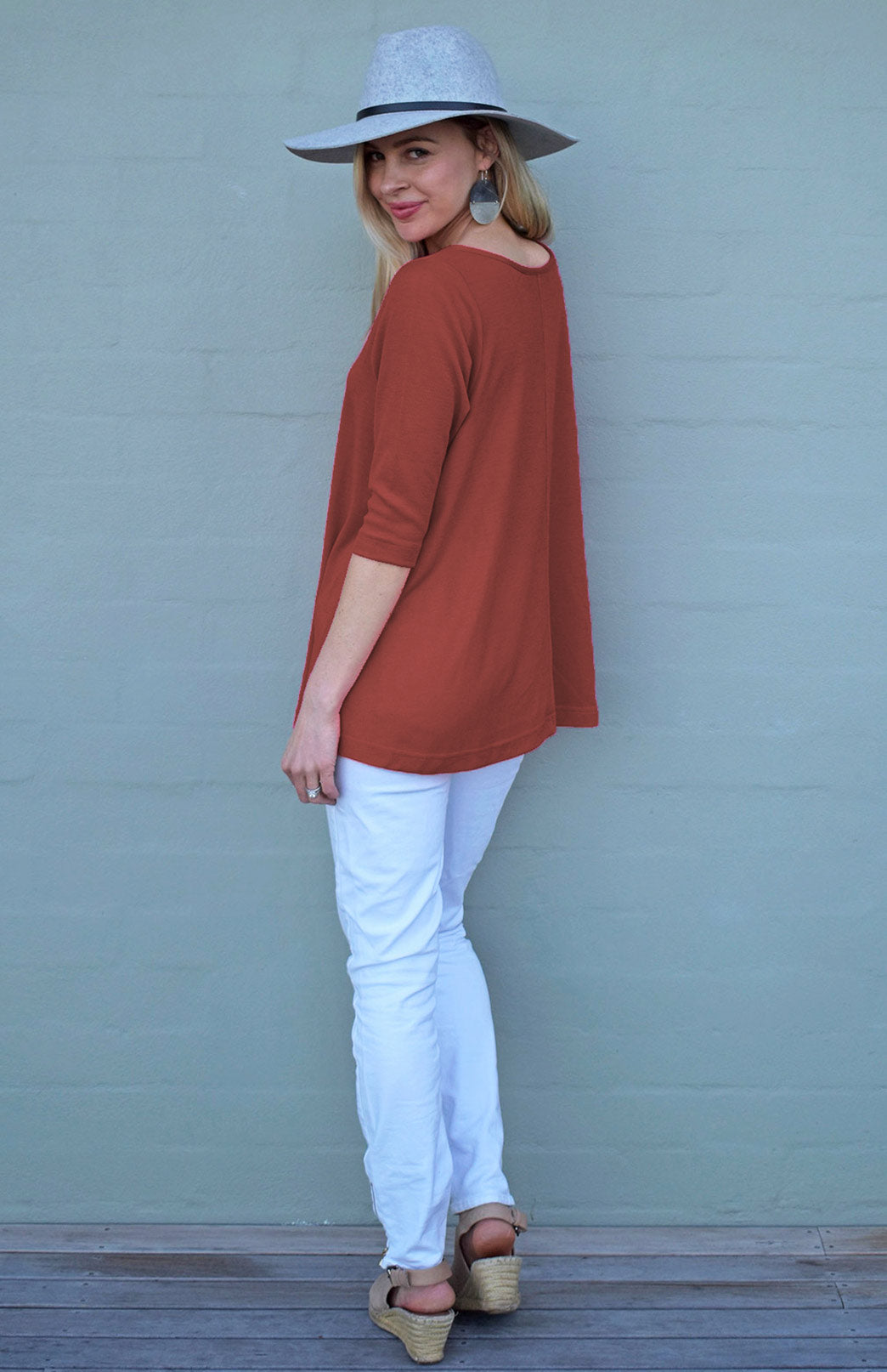 Shiraz Red Women&#39;s Merino Wool Flutter Top with 3/4 Sleeves
