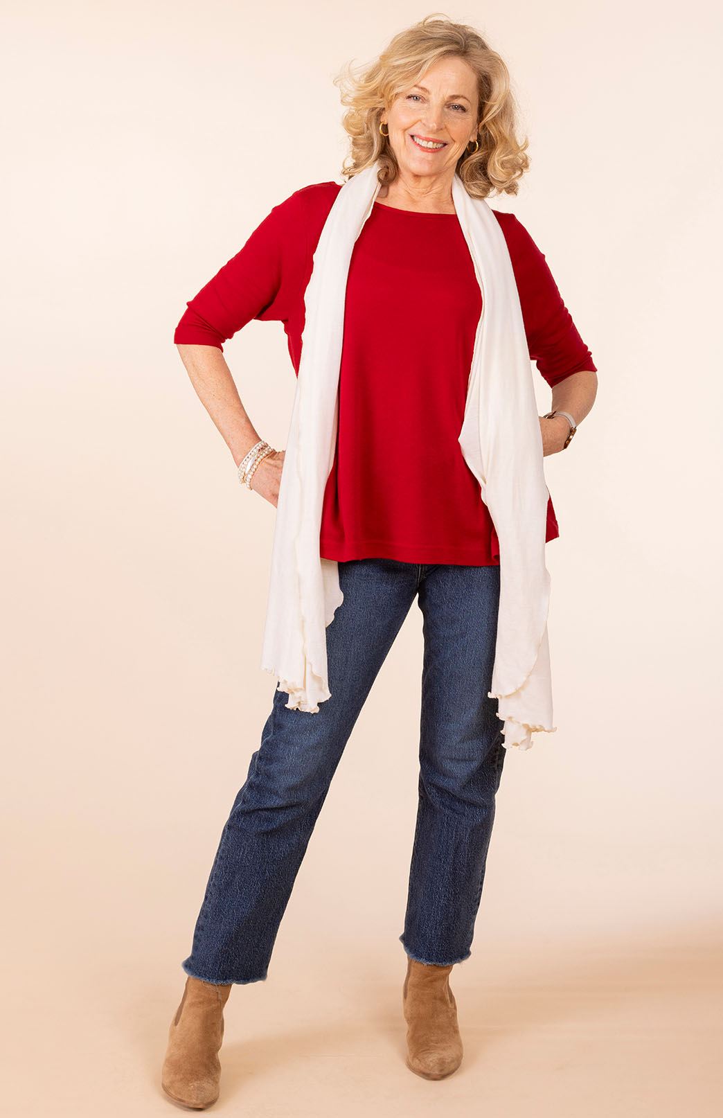 Chilli Red Women's Merino Wool Flutter Top with 3/4 Sleeves