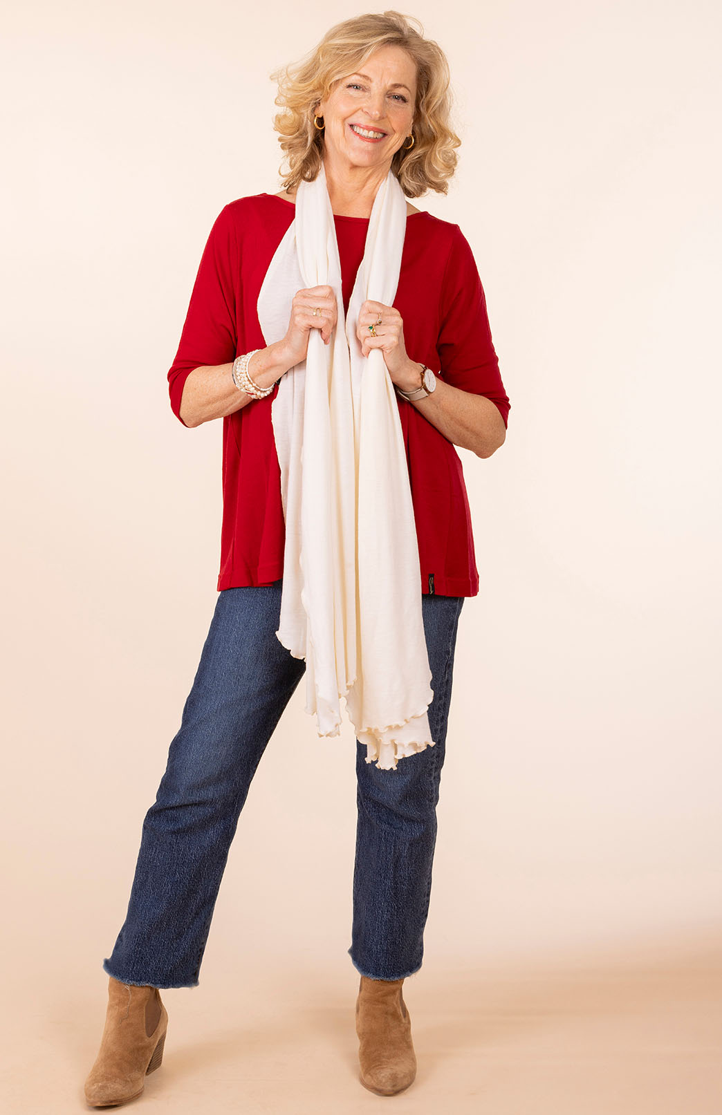 Chilli Red Women's Merino Wool Flutter Top with 3/4 Sleeves