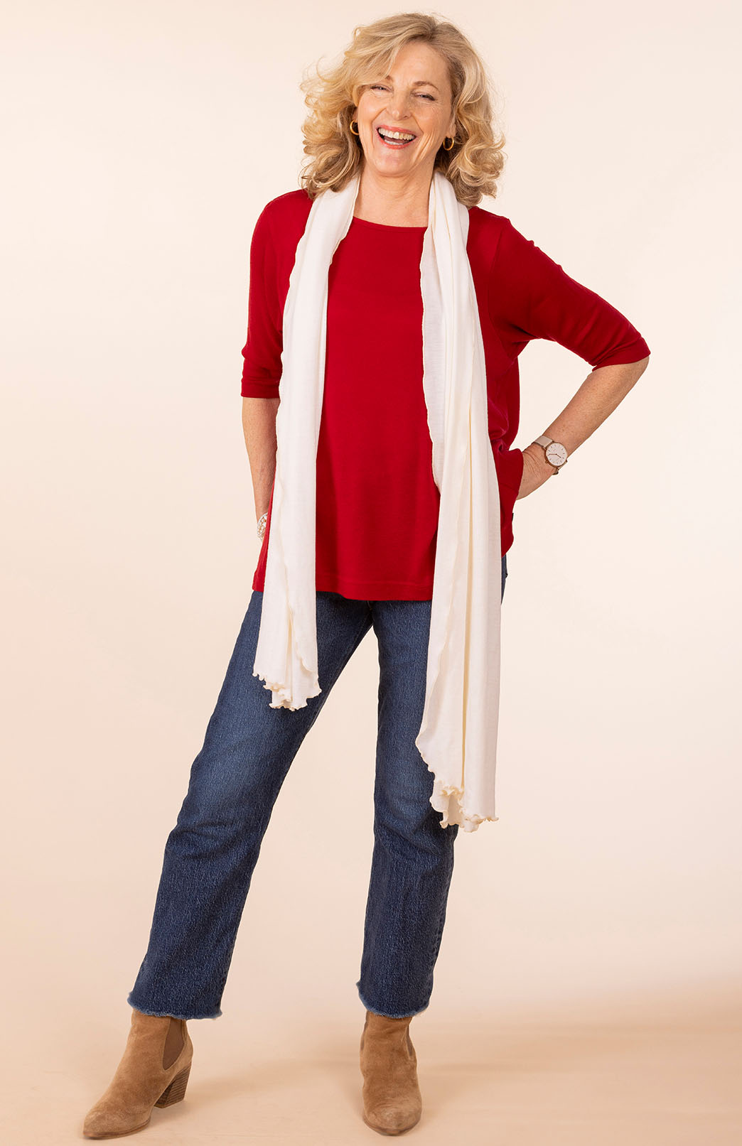 Chilli Red Women's Merino Wool Flutter Top with 3/4 Sleeves