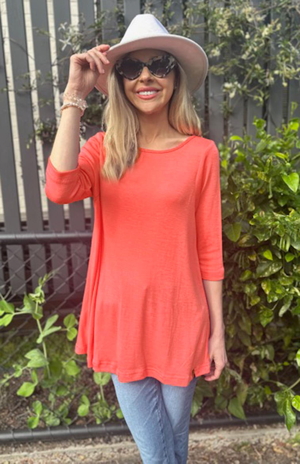 Begonia Pink Coral Women's Merino Wool Flutter Top with 3/4 Sleeves