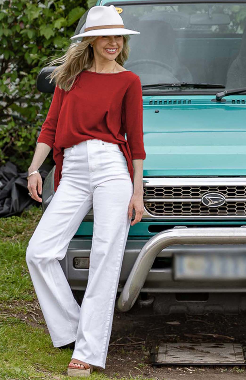 Chilli Red Women's Merino Wool Flutter Top with 3/4 Sleeves