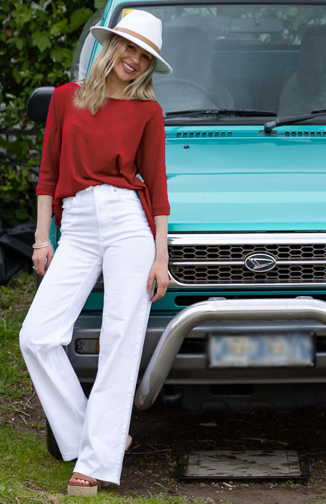 Chilli Red Women's Merino Wool Flutter Top with 3/4 Sleeves