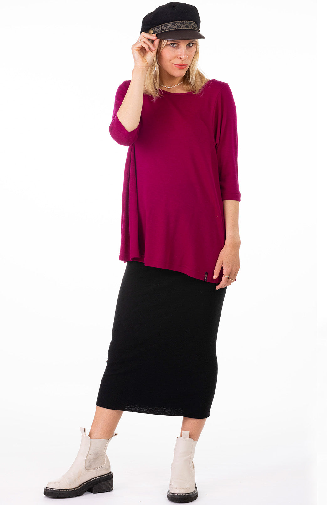 Magenta Women's Merino Wool Flutter Top with 3/4 Sleeves