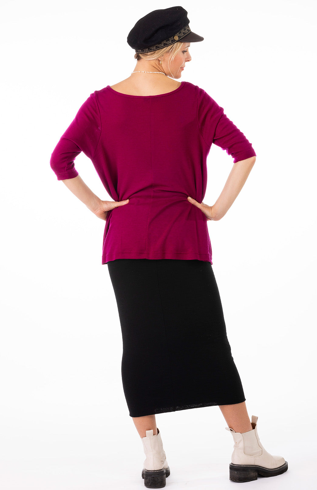Magenta Women's Merino Wool Flutter Top with 3/4 Sleeves