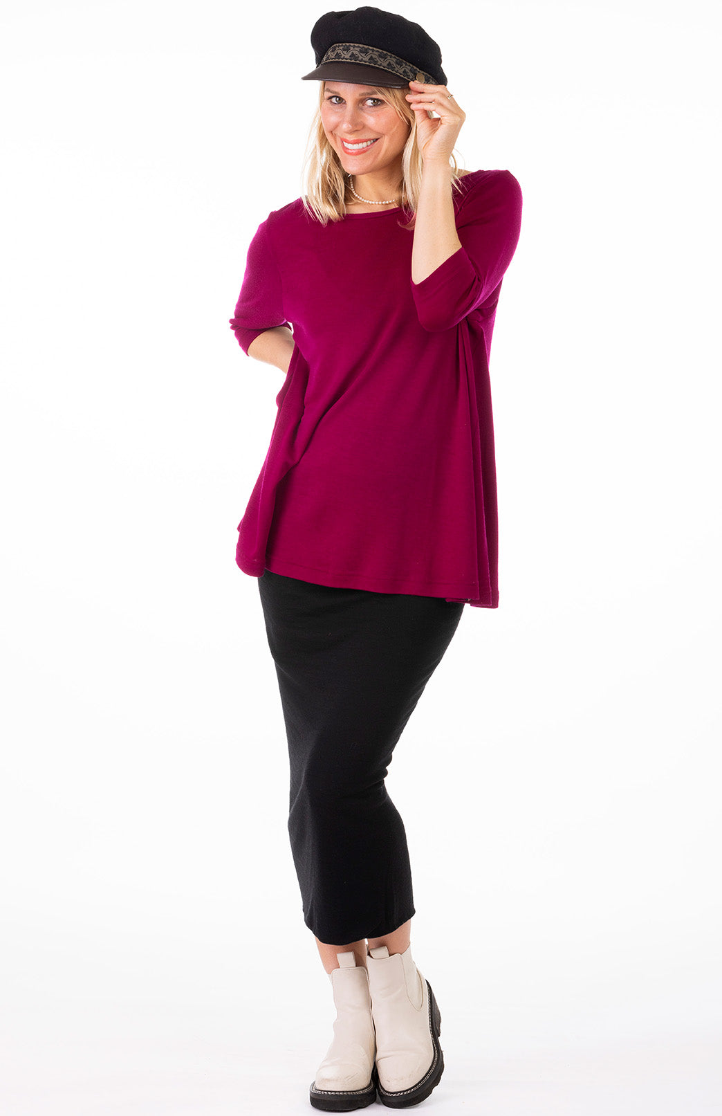 Magenta Women's Merino Wool Flutter Top with 3/4 Sleeves