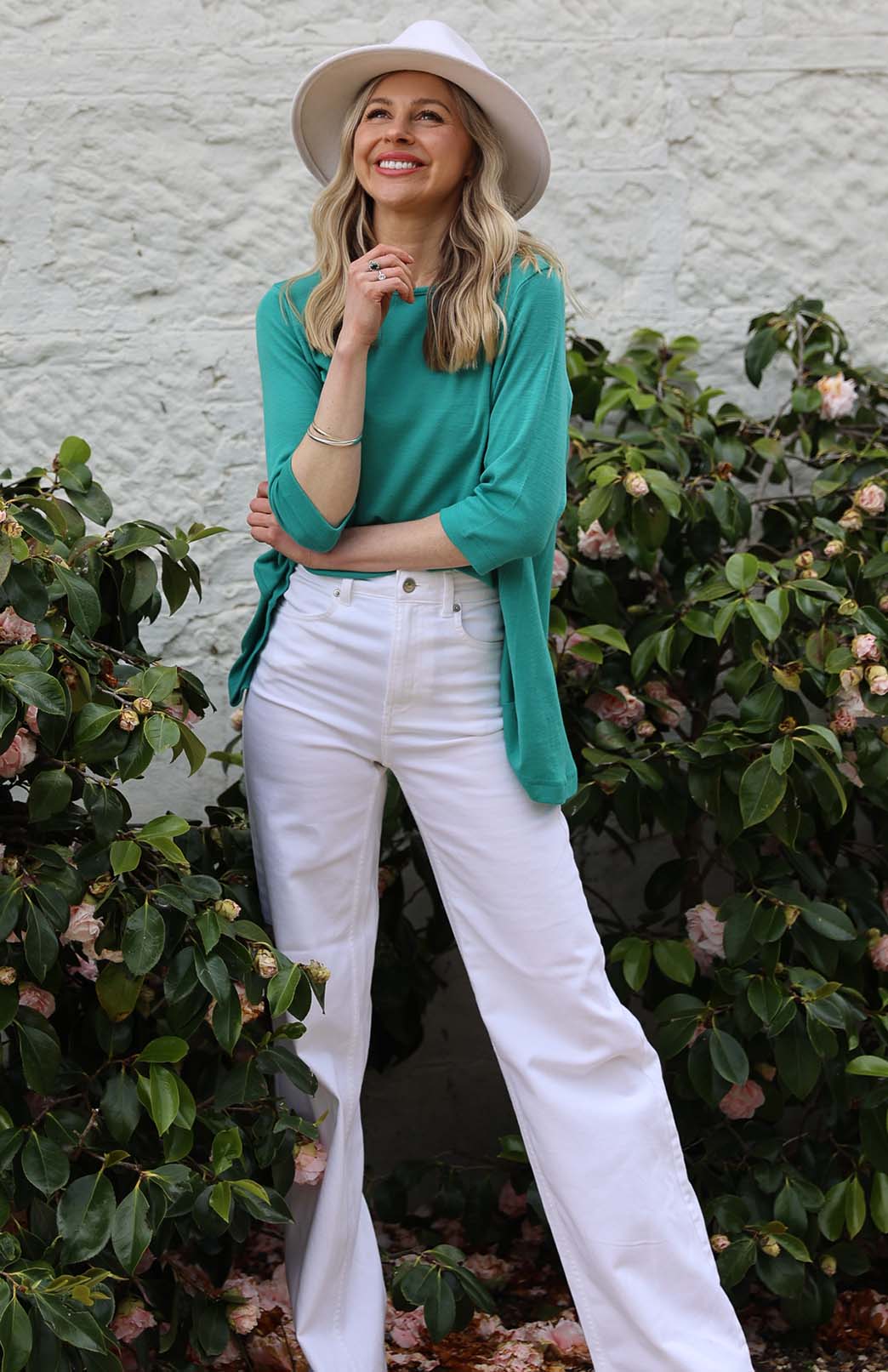 Verde Jade Green Women's Merino Wool Flutter Top with 3/4 Sleeves