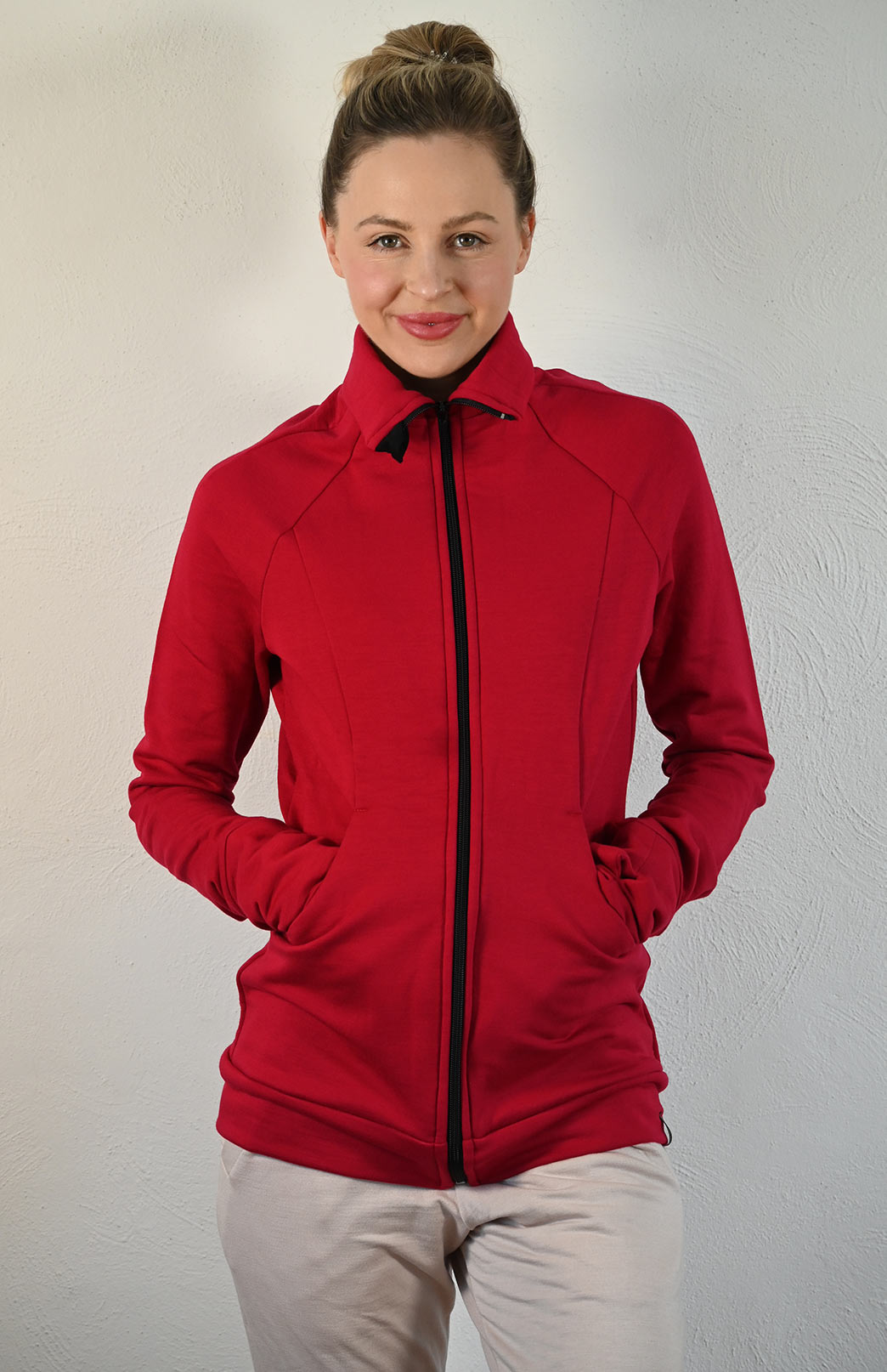 Chilli Red Women&#39;s Merino Wool and Modal Fitted Zip Jacket with Hood
