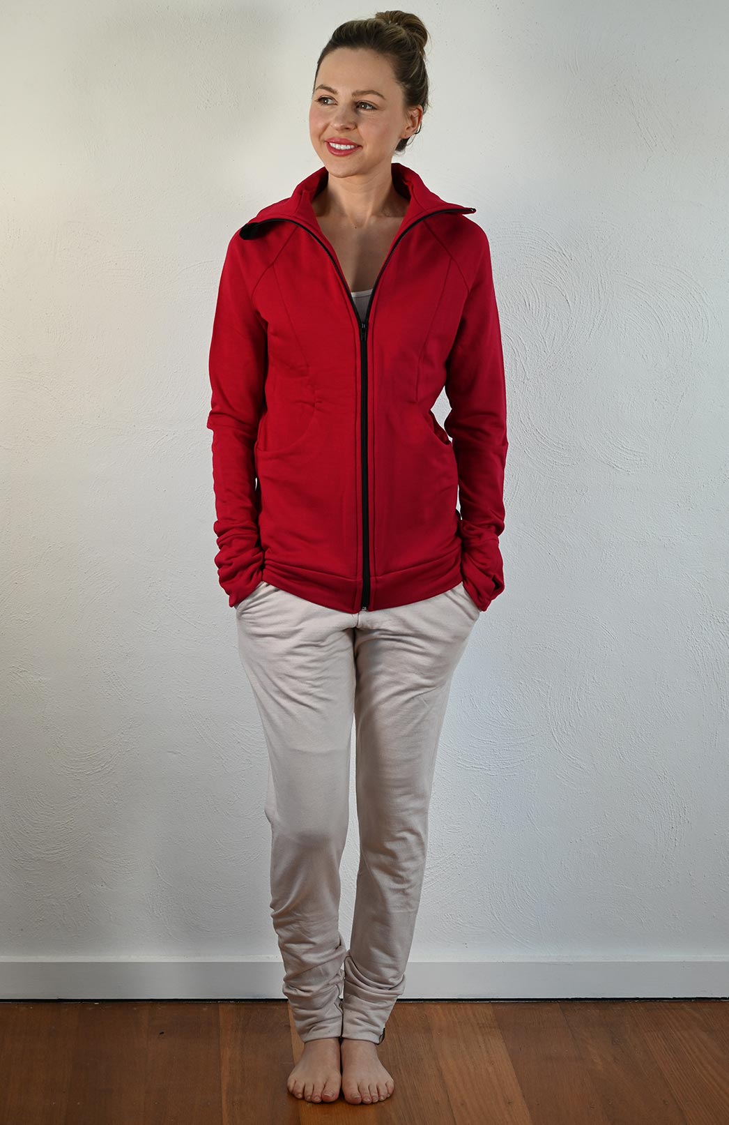 Chilli Red Women&#39;s Merino Wool and Modal Fitted Zip Jacket with Hood
