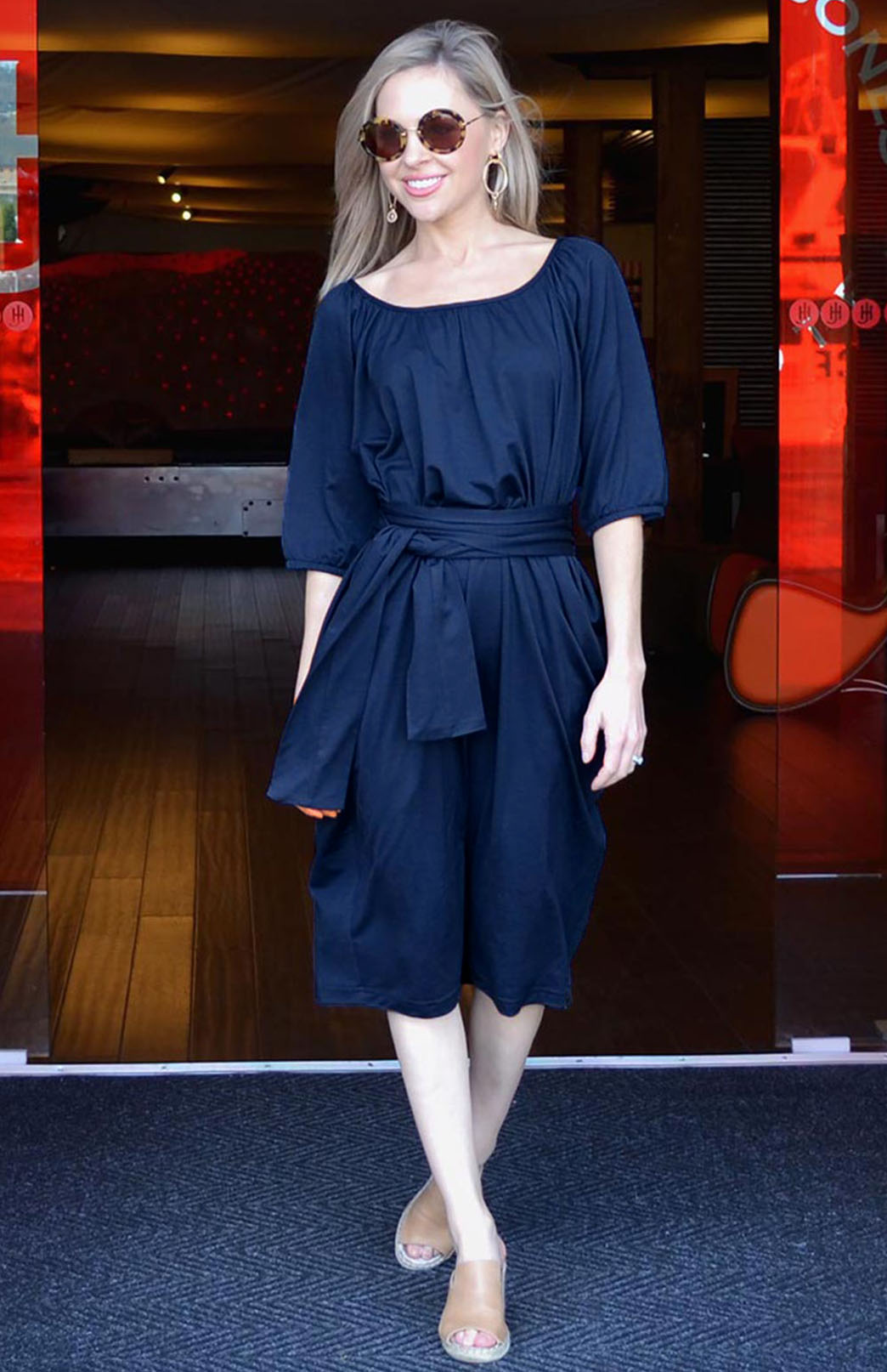 French Navy Blue Women's Merino Wool Loose Fit Dress with Tie