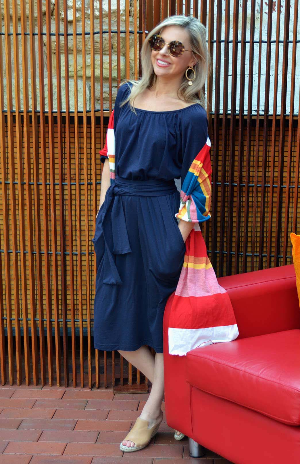 French Navy Blue Women&#39;s Merino Wool Loose Fit Dress with Tie
