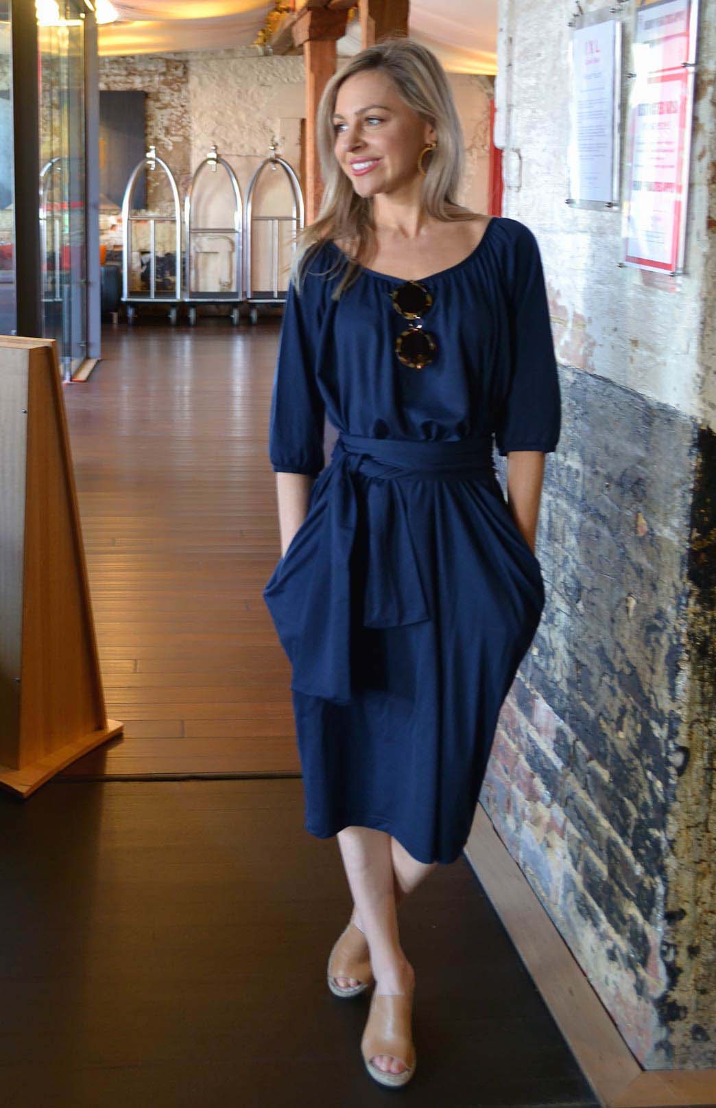 French Navy Blue Women's Merino Wool Loose Fit Dress with Tie