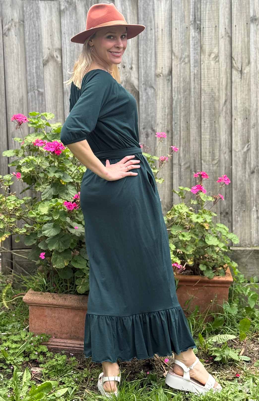 Deep Sea Green Women's Merino Wool Loose Fit Dress with Tie