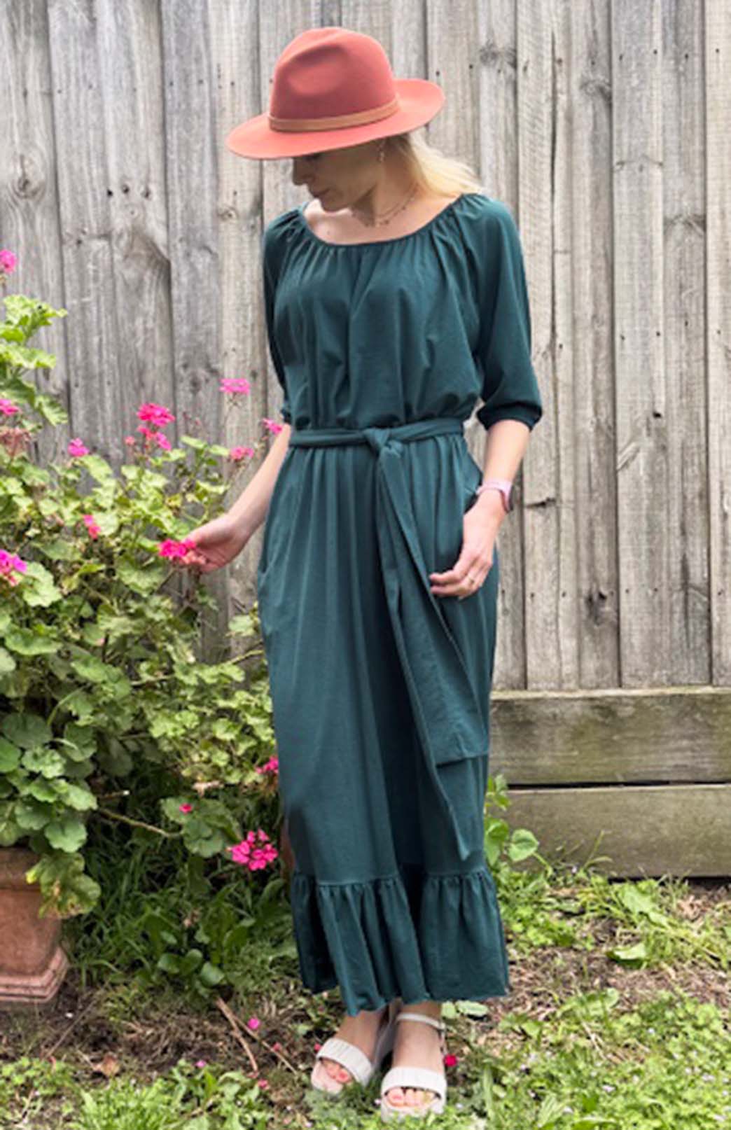 Deep Sea Green Women&#39;s Merino Wool Loose Fit Dress with Tie
