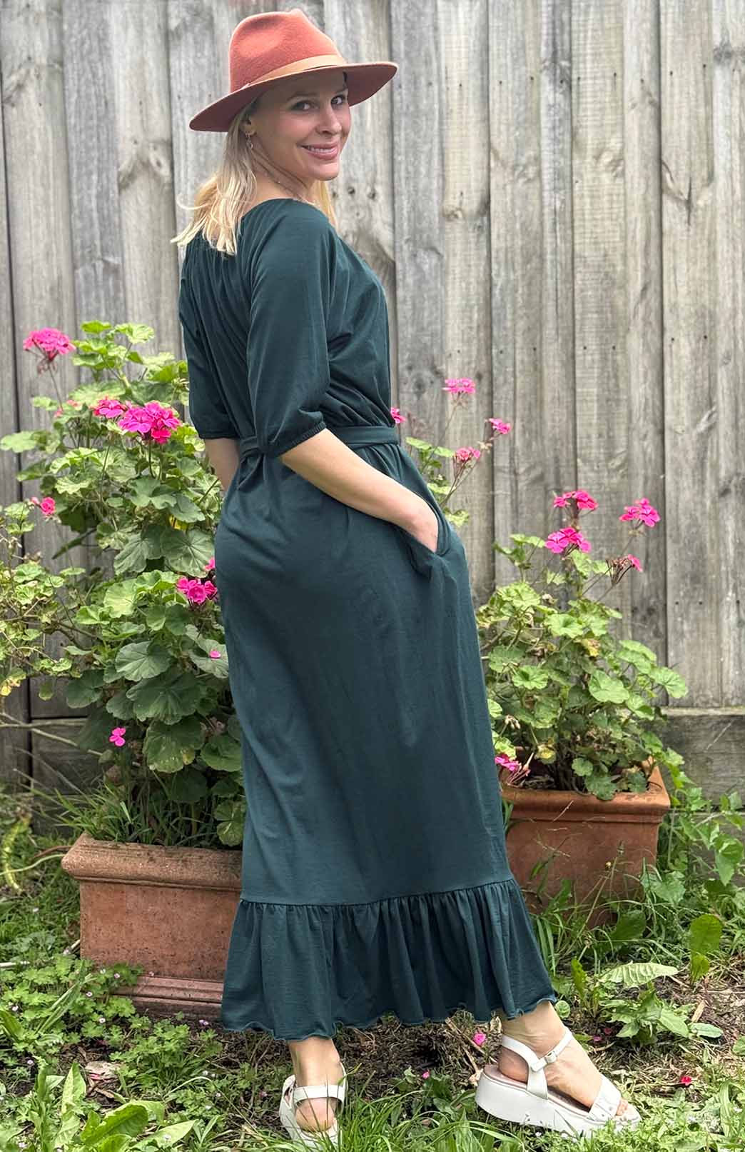 Deep Sea Green Women's Merino Wool Loose Fit Dress with Tie