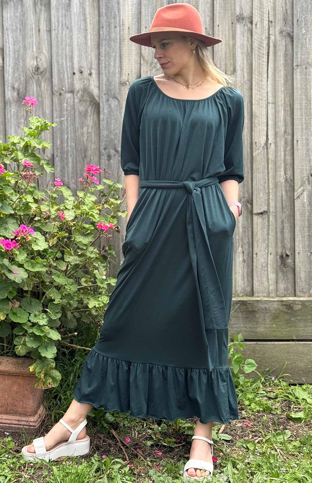 Deep Sea Green Women's Merino Wool Loose Fit Dress with Tie