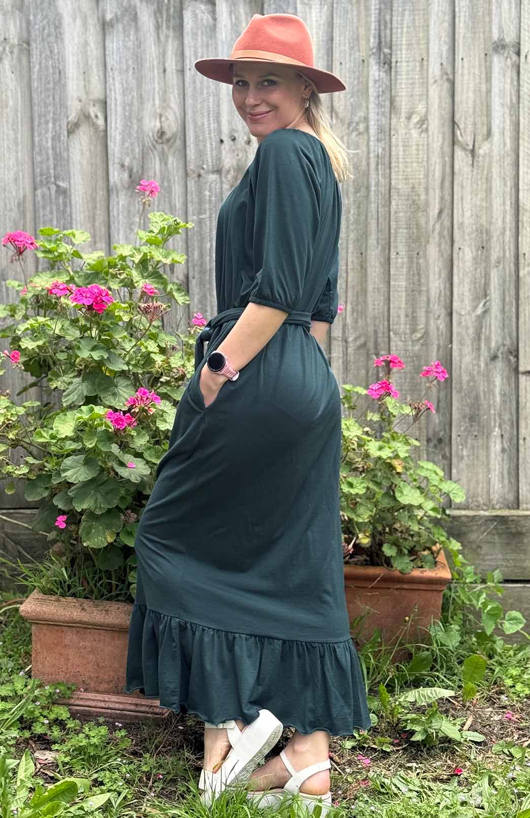 Deep Sea Green Women's Merino Wool Loose Fit Dress with Tie