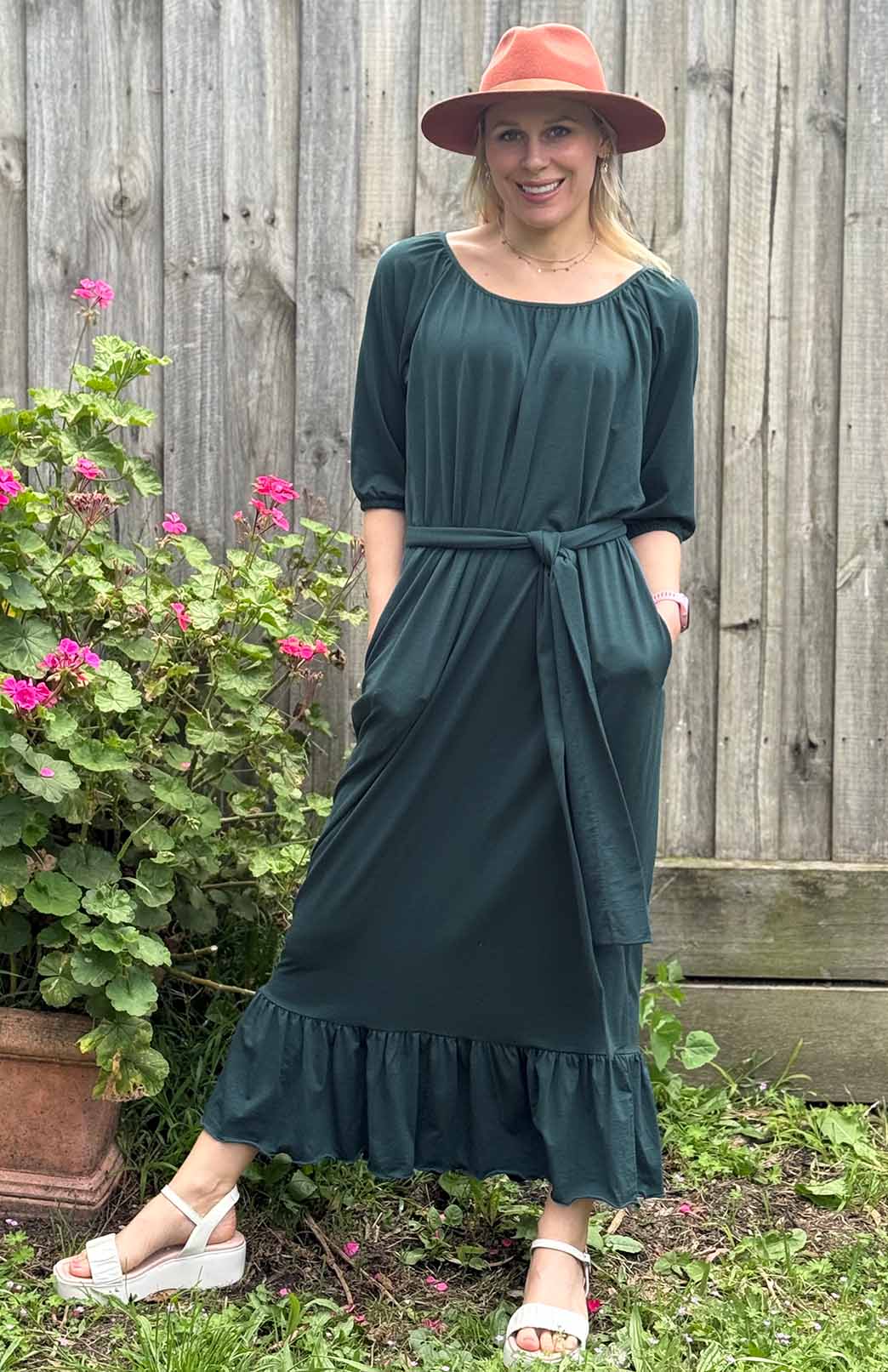 Deep Sea Green Women's Merino Wool Loose Fit Dress with Tie
