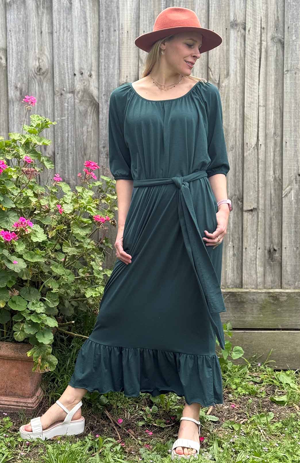 Deep Sea Green Women's Merino Wool Loose Fit Dress with Tie