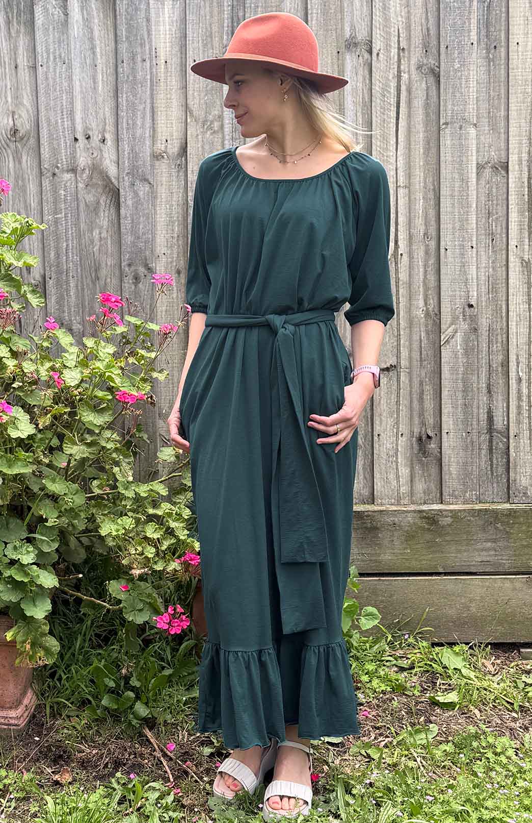 Deep Sea Green Women's Merino Wool Loose Fit Dress with Tie