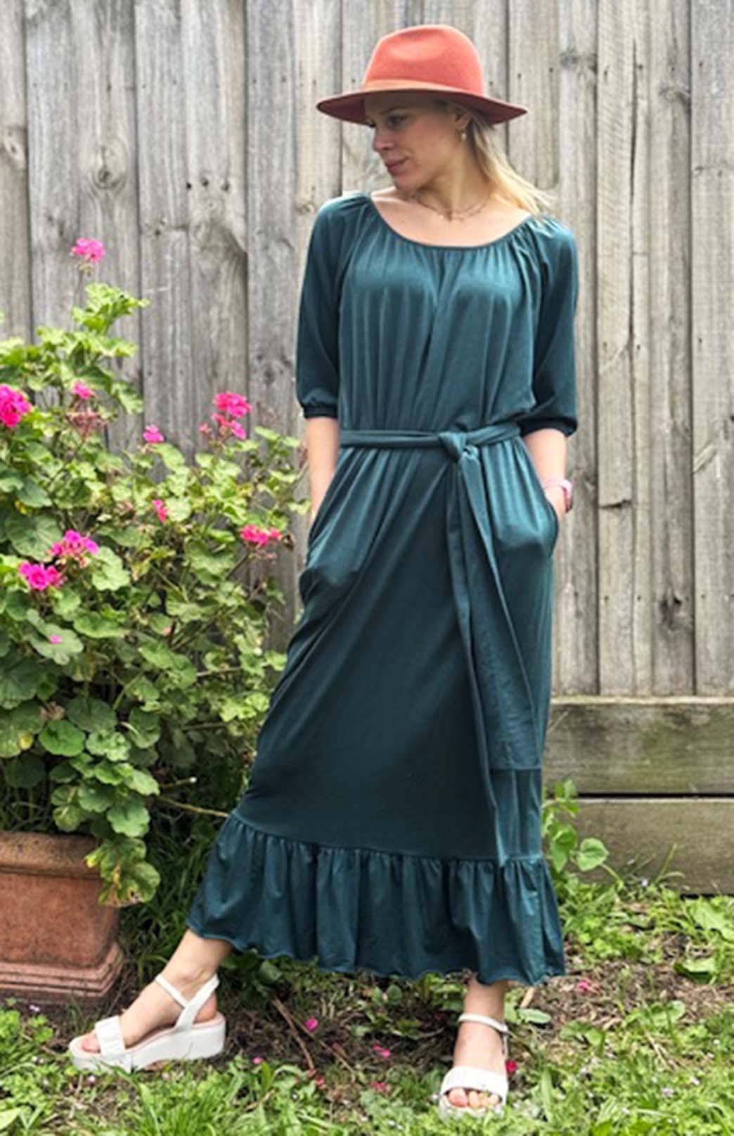 Deep Sea Green Women&#39;s Merino Wool Loose Fit Dress with Tie
