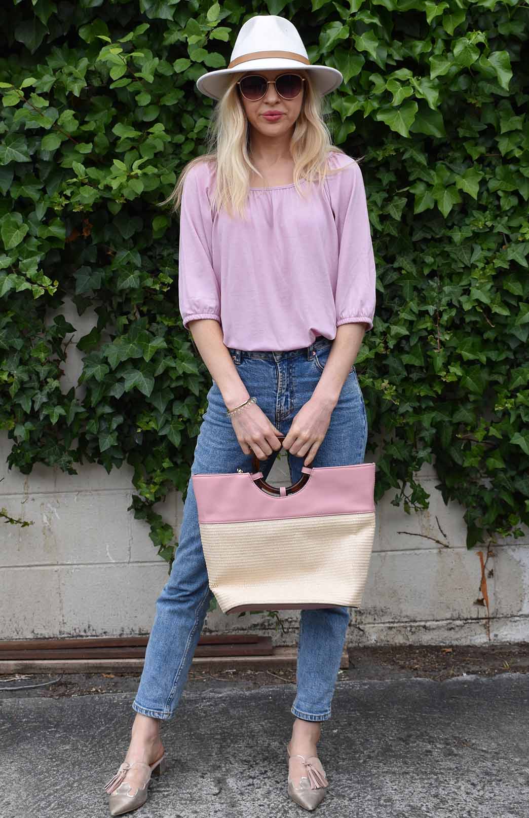 Dusty Pink Women's Merino Wool Elbow Length Peasant Top