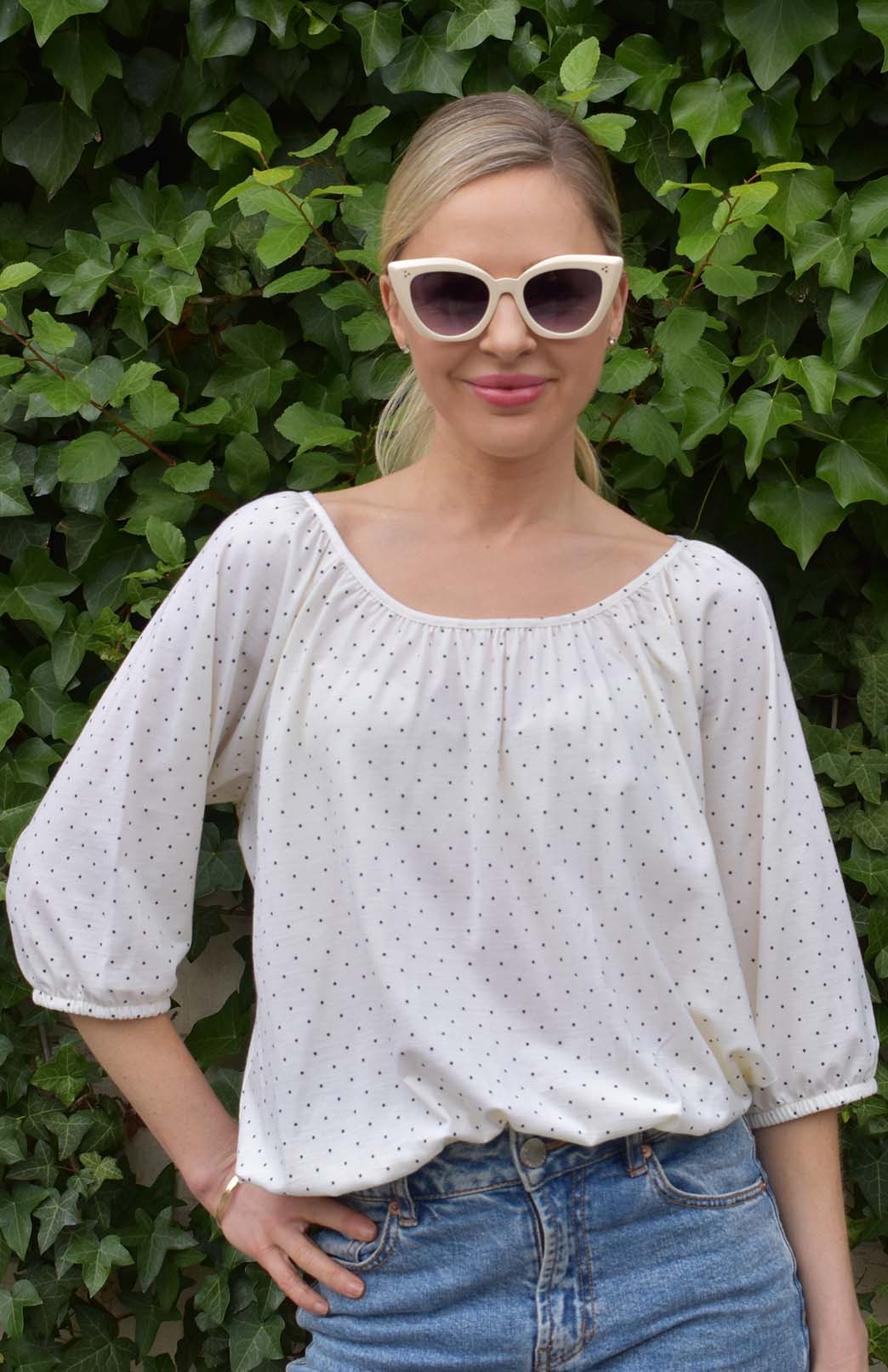 Vintage Ivory & Black Spot Women's Merino Wool Elbow Length Peasant Top