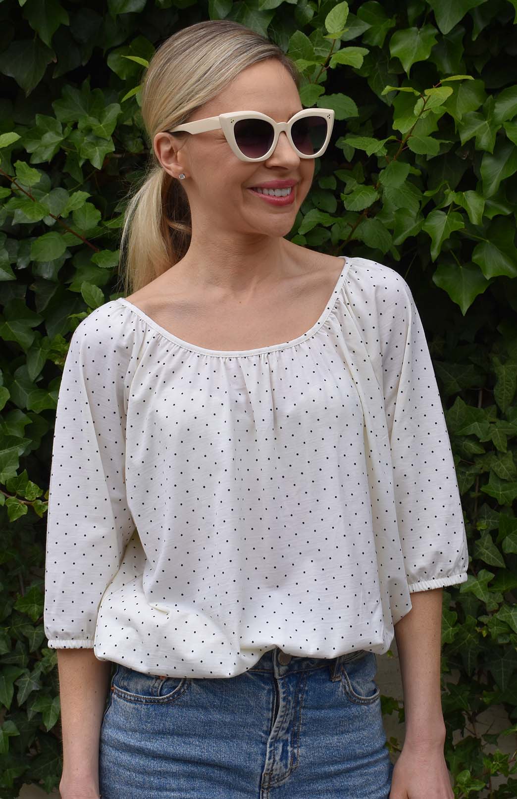 Vintage Ivory & Black Spot Women's Merino Wool Elbow Length Peasant Top