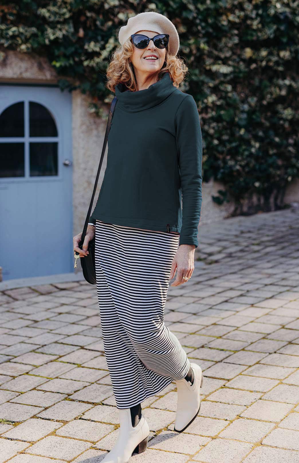 Navy & Ivory Narrow Stripe Women's Merino Wool Long Tube Skirt